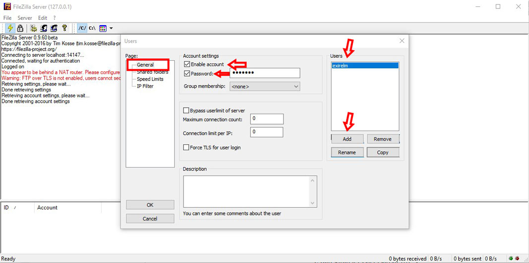 Add User in FileZilla server