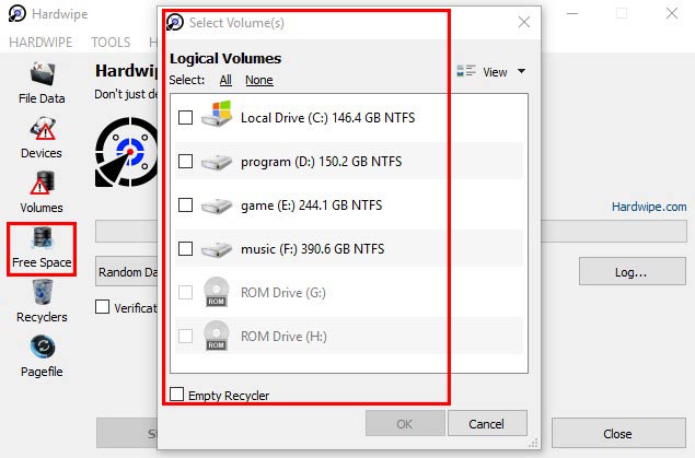 hardwipe free space